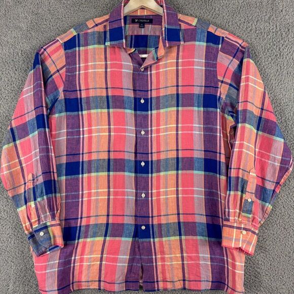 Cremieux Shirt Men XL Pink Purple Plaid Linen Office Casual Outdoor Summer Beach - Picture 1 of 12